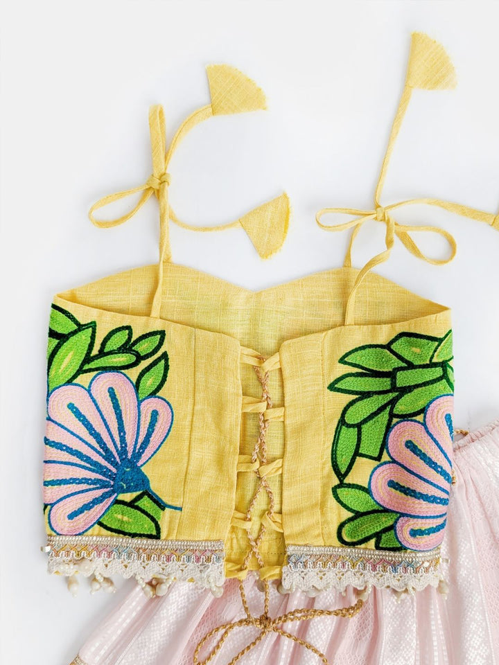 Light Pink & Yellow Navratri Lehenga Choli with Floral Aari Embroidery & Zari Lace – Festive Dandiya Outfit