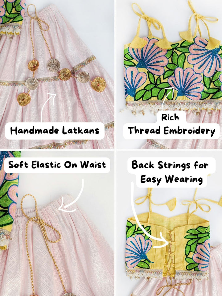 Light Pink & Yellow Navratri Lehenga Choli with Floral Aari Embroidery & Zari Lace – Festive Dandiya Outfit