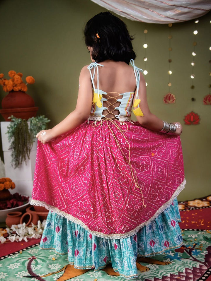 Magenta Bandhani Print Kids Navratri Lehenga Choli with Peacock Embroidered Blouse & Tassels