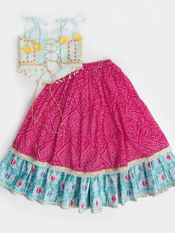 Magenta Bandhani Print Kids Navratri Lehenga Choli with Peacock Embroidered Blouse & Tassels