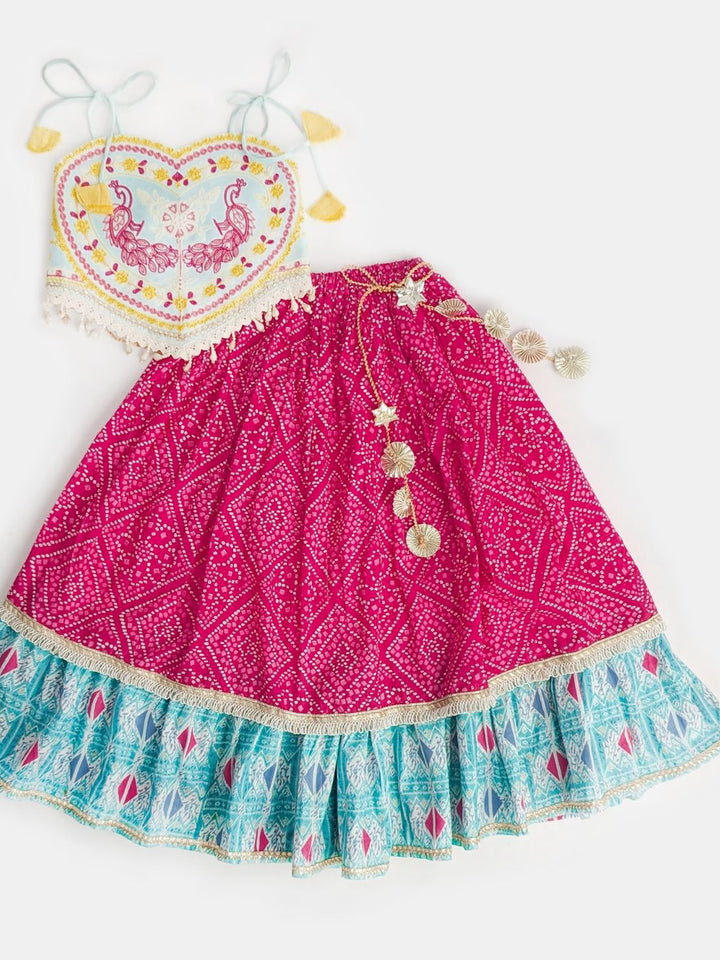 Magenta Bandhani Print Kids Navratri Lehenga Choli with Peacock Embroidered Blouse & Tassels