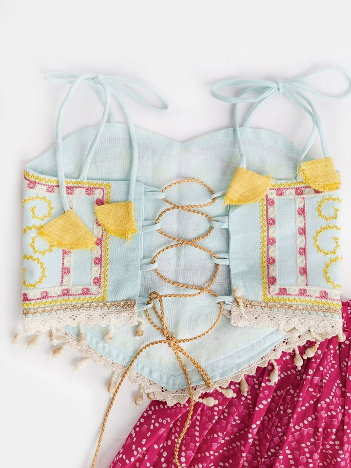 Magenta Bandhani Print Kids Navratri Lehenga Choli with Peacock Embroidered Blouse & Tassels