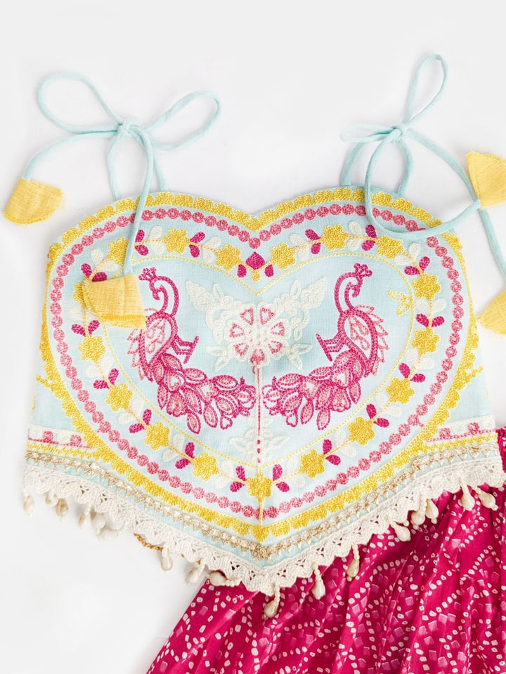 Magenta Bandhani Print Kids Navratri Lehenga Choli with Peacock Embroidered Blouse & Tassels