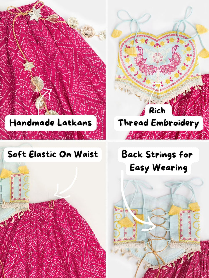 Magenta Bandhani Print Kids Navratri Lehenga Choli with Peacock Embroidered Blouse & Tassels