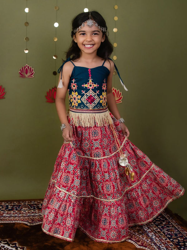 Pure Cotton Navratri Lehenga Choli Set in Indigo & Red Ajrakh Print with Embroidered Blouse