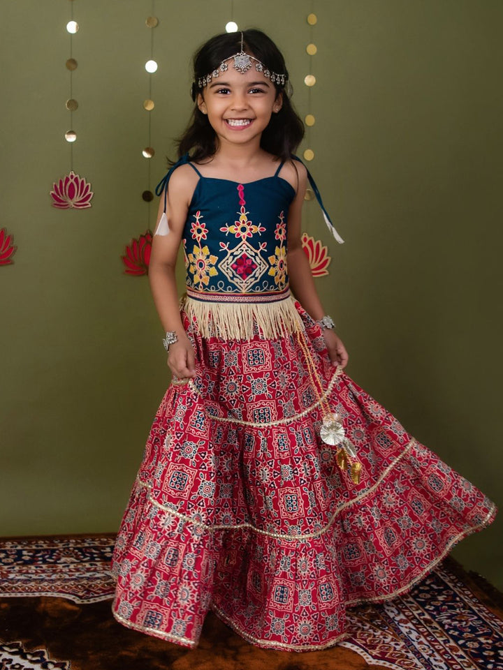 Pure Cotton Navratri Lehenga Choli Set in Indigo & Red Ajrakh Print with Embroidered Blouse