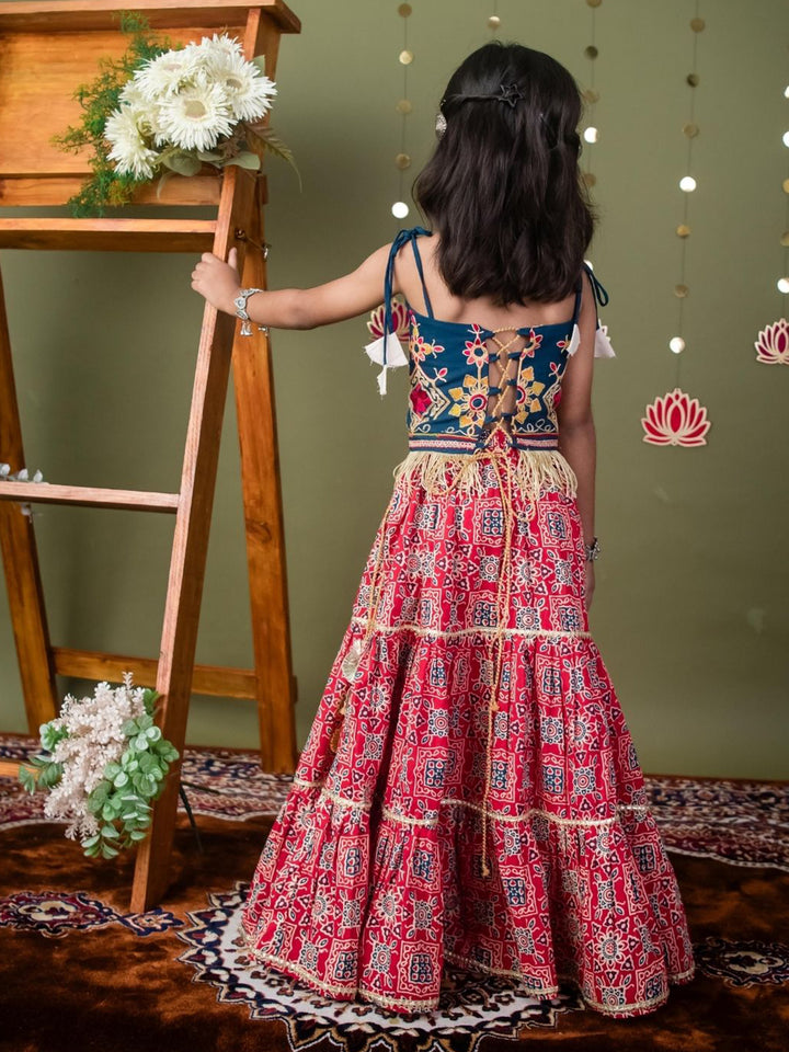 Pure Cotton Navratri Lehenga Choli Set in Indigo & Red Ajrakh Print with Embroidered Blouse