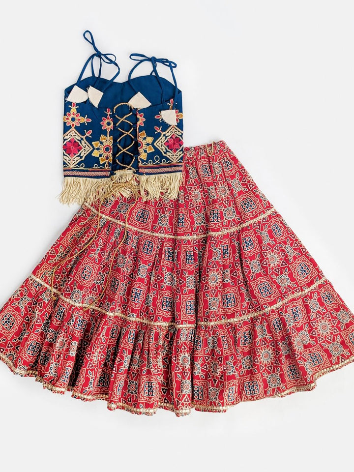 Pure Cotton Navratri Lehenga Choli Set in Indigo & Red Ajrakh Print with Embroidered Blouse