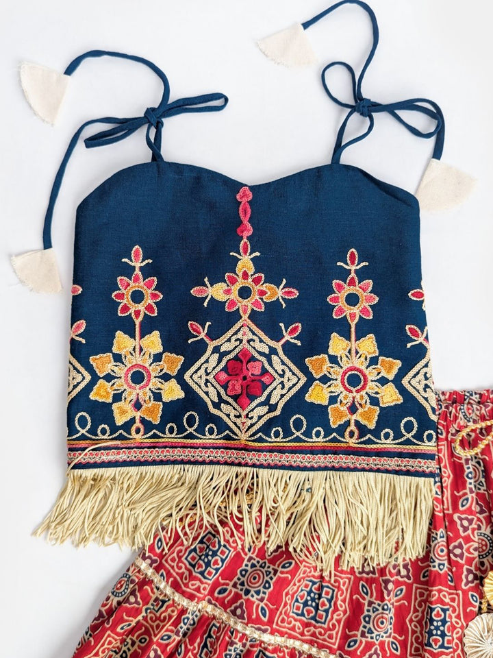 Pure Cotton Navratri Lehenga Choli Set in Indigo & Red Ajrakh Print with Embroidered Blouse