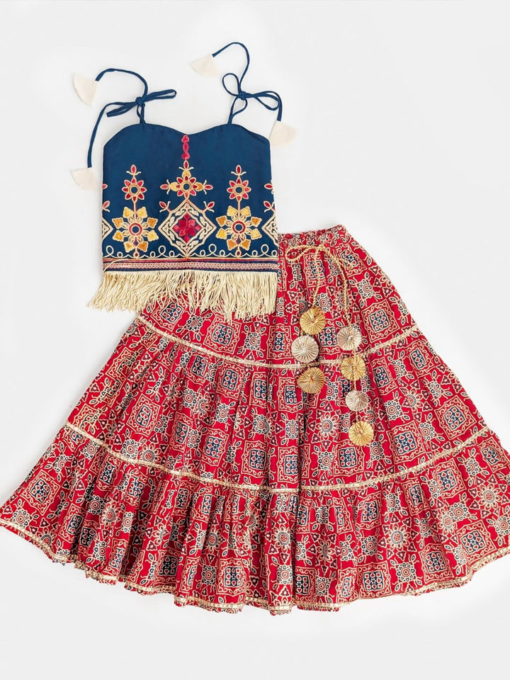 Pure Cotton Navratri Lehenga Choli Set in Indigo & Red Ajrakh Print with Embroidered Blouse