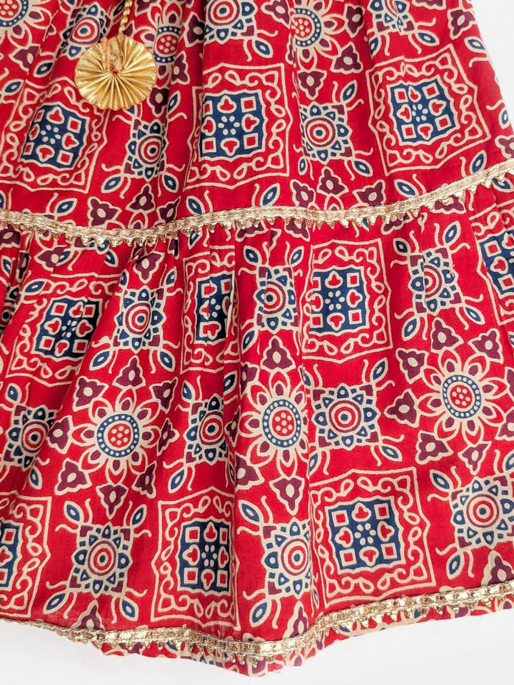 Pure Cotton Navratri Lehenga Choli Set in Indigo & Red Ajrakh Print with Embroidered Blouse