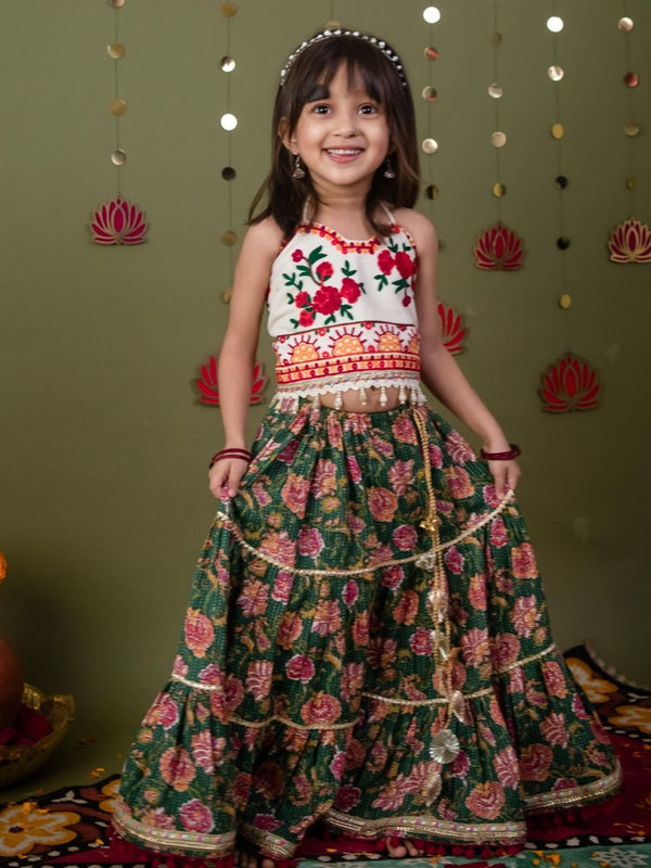 Pure Cotton Navratri Lehenga Choli Set in Ivory & Green with Floral Embroidery and Rose Print Skirt