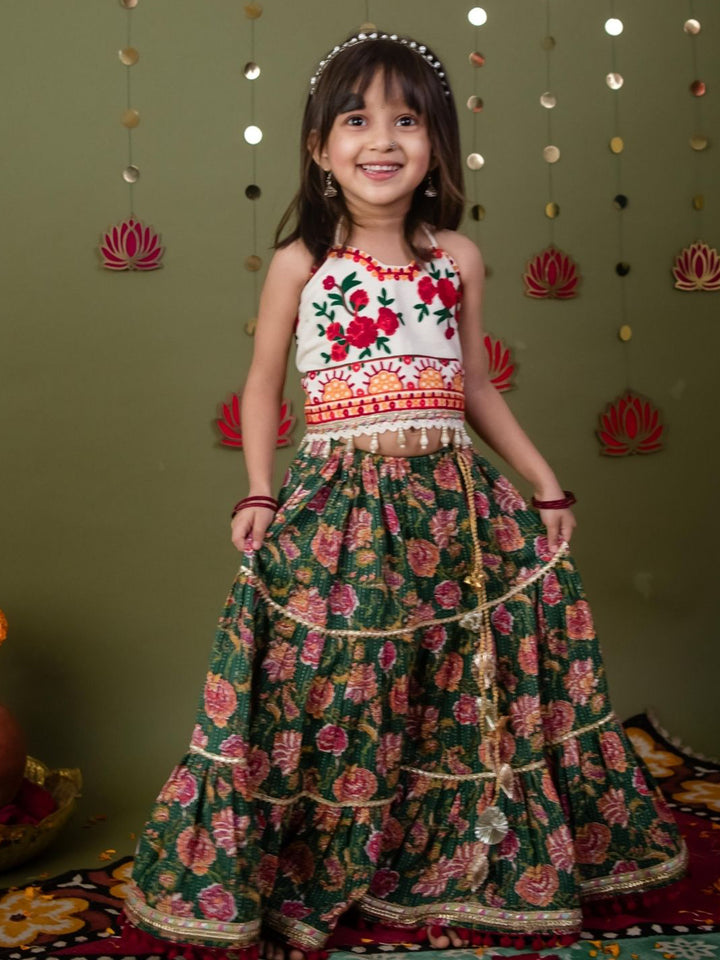 Pure Cotton Navratri Lehenga Choli Set in Ivory & Green with Floral Embroidery and Rose Print Skirt