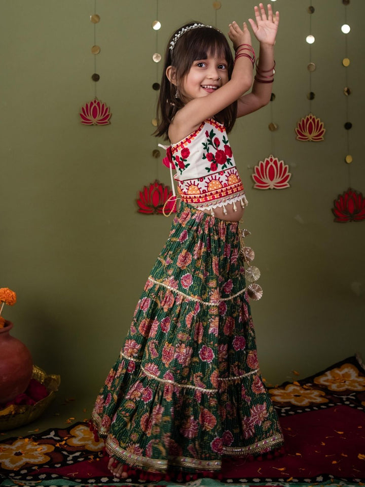 Pure Cotton Navratri Lehenga Choli Set in Ivory & Green with Floral Embroidery and Rose Print Skirt