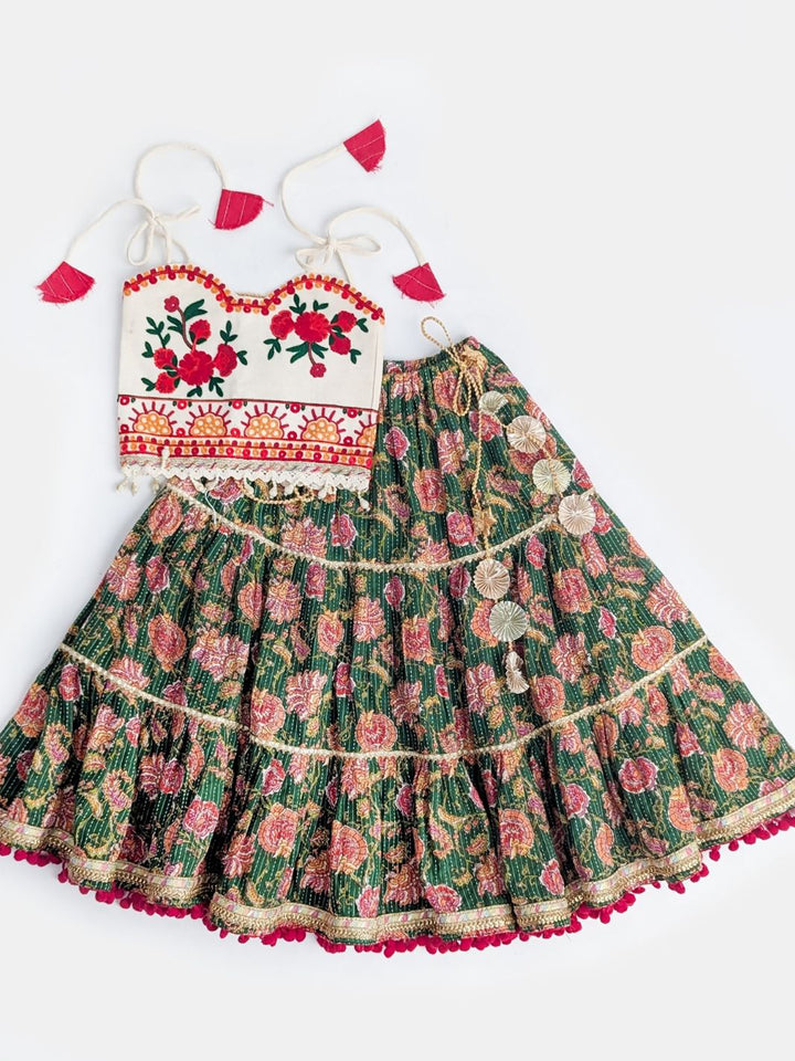 Pure Cotton Navratri Lehenga Choli Set in Ivory & Green with Floral Embroidery and Rose Print Skirt