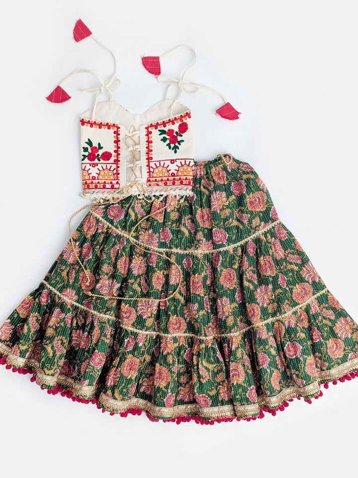 Pure Cotton Navratri Lehenga Choli Set in Ivory & Green with Floral Embroidery and Rose Print Skirt