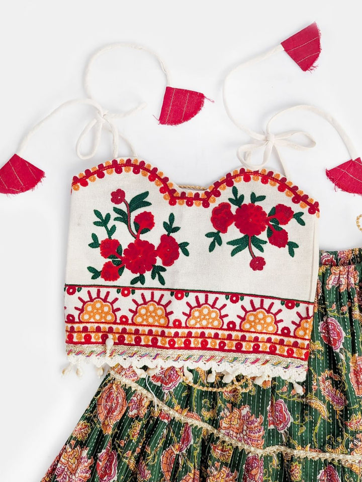 Pure Cotton Navratri Lehenga Choli Set in Ivory & Green with Floral Embroidery and Rose Print Skirt