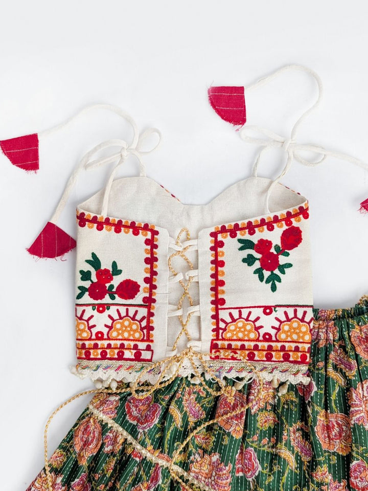 Pure Cotton Navratri Lehenga Choli Set in Ivory & Green with Floral Embroidery and Rose Print Skirt