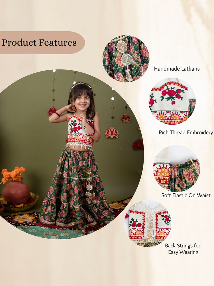 Pure Cotton Navratri Lehenga Choli Set in Ivory & Green with Floral Embroidery and Rose Print Skirt