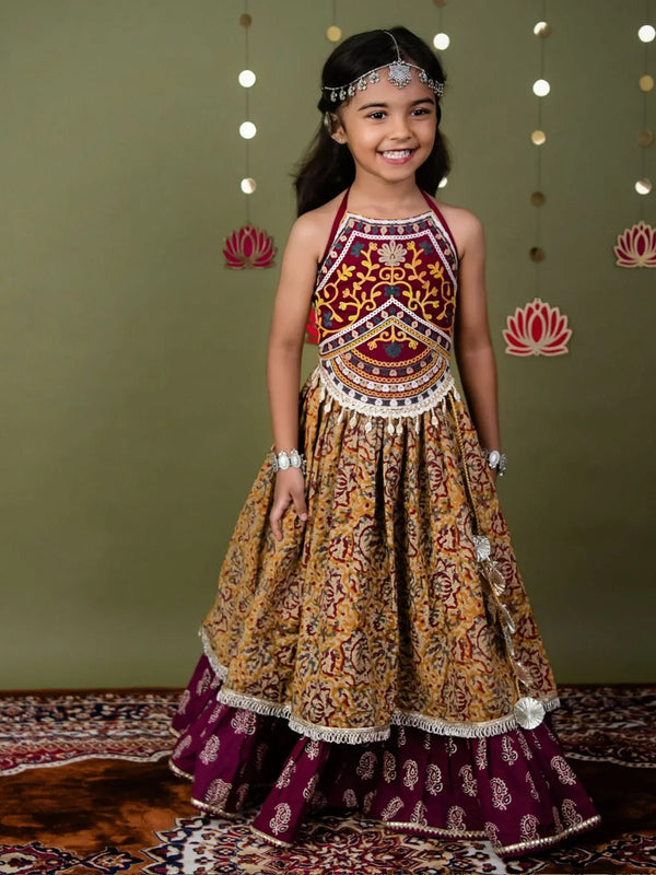 Girl wearing a traditional Ajrakh print embroidered Navratri chaniya choli
