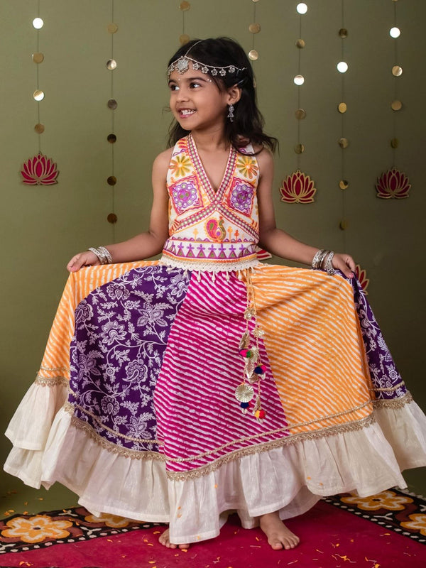Navratri Lehriya Lehenga Choli Set in Multicolor Bandhani Print with Embroidered Halter Blouse