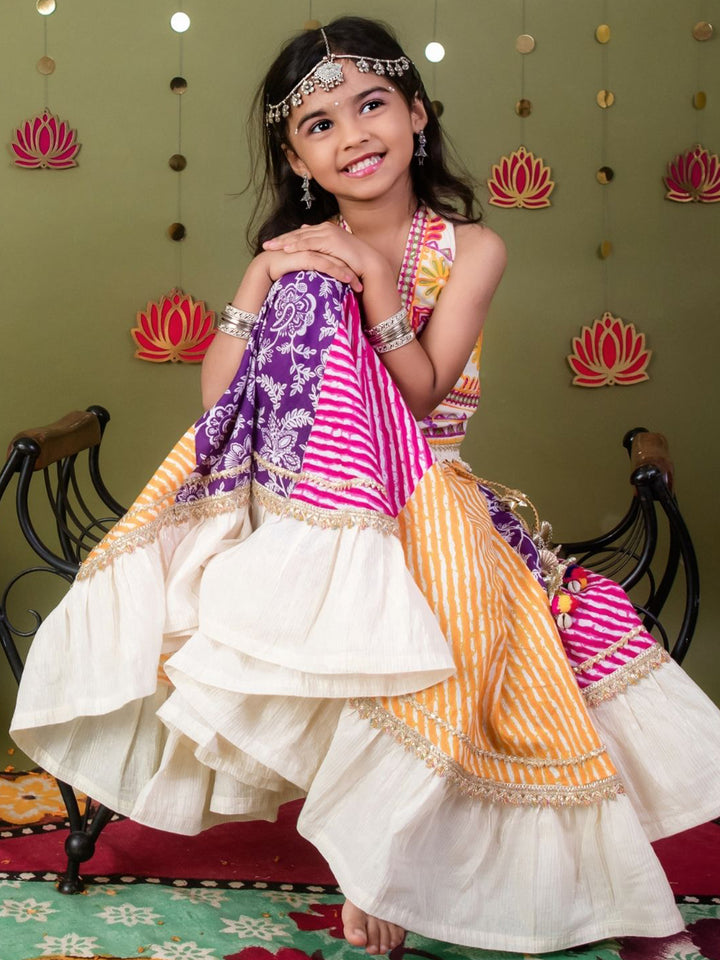 Navratri Lehriya Lehenga Choli Set in Multicolor Bandhani Print with Embroidered Halter Blouse