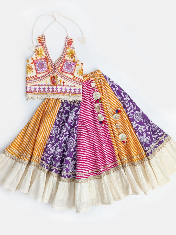 Navratri Lehriya Lehenga Choli Set in Multicolor Bandhani Print with Embroidered Halter Blouse