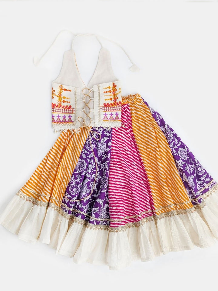Navratri Lehriya Lehenga Choli Set in Multicolor Bandhani Print with Embroidered Halter Blouse