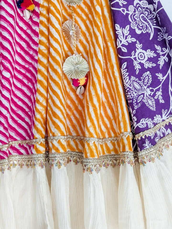 Navratri Lehriya Lehenga Choli Set in Multicolor Bandhani Print with Embroidered Halter Blouse