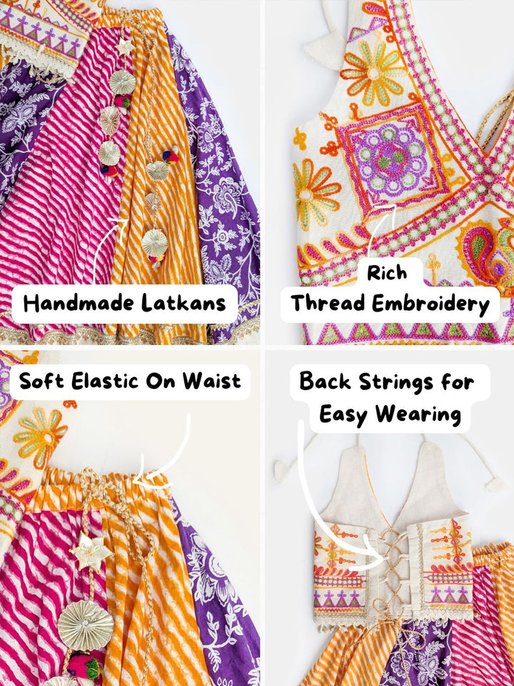 Navratri Lehriya Lehenga Choli Set in Multicolor Bandhani Print with Embroidered Halter Blouse