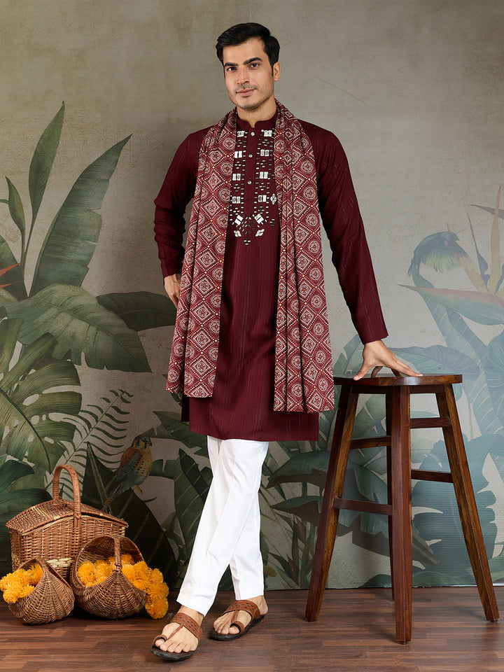 Men’s Maroon Viscose Kurta with Mirror Work & Zari Weaving – Elegant Ethnic Wear for Weddings & Festive Occasions