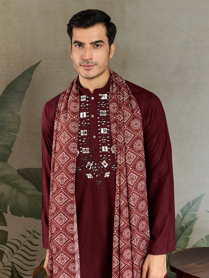 Men’s Maroon Viscose Kurta with Mirror Work & Zari Weaving – Elegant Ethnic Wear for Weddings & Festive Occasions
