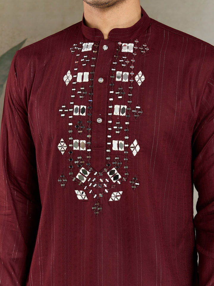 Men’s Maroon Viscose Kurta with Mirror Work & Zari Weaving – Elegant Ethnic Wear for Weddings & Festive Occasions