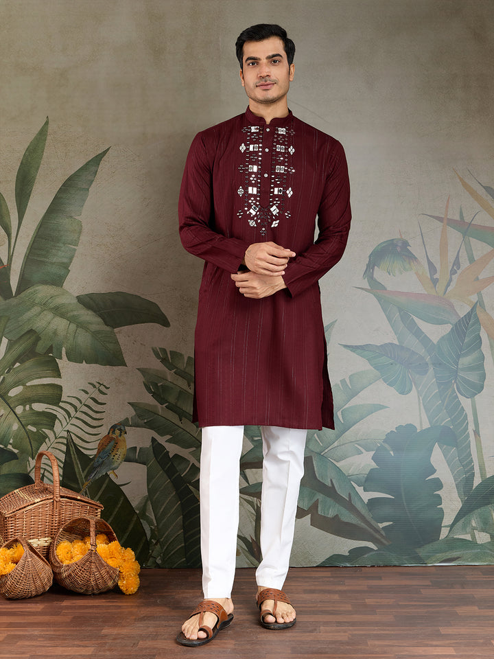 Men’s Maroon Viscose Kurta with Mirror Work & Zari Weaving – Elegant Ethnic Wear for Weddings & Festive Occasions
