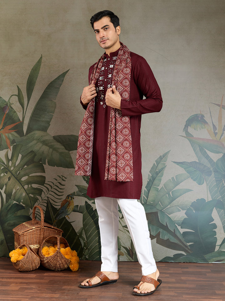 Men’s Maroon Viscose Kurta with Mirror Work & Zari Weaving – Elegant Ethnic Wear for Weddings & Festive Occasions