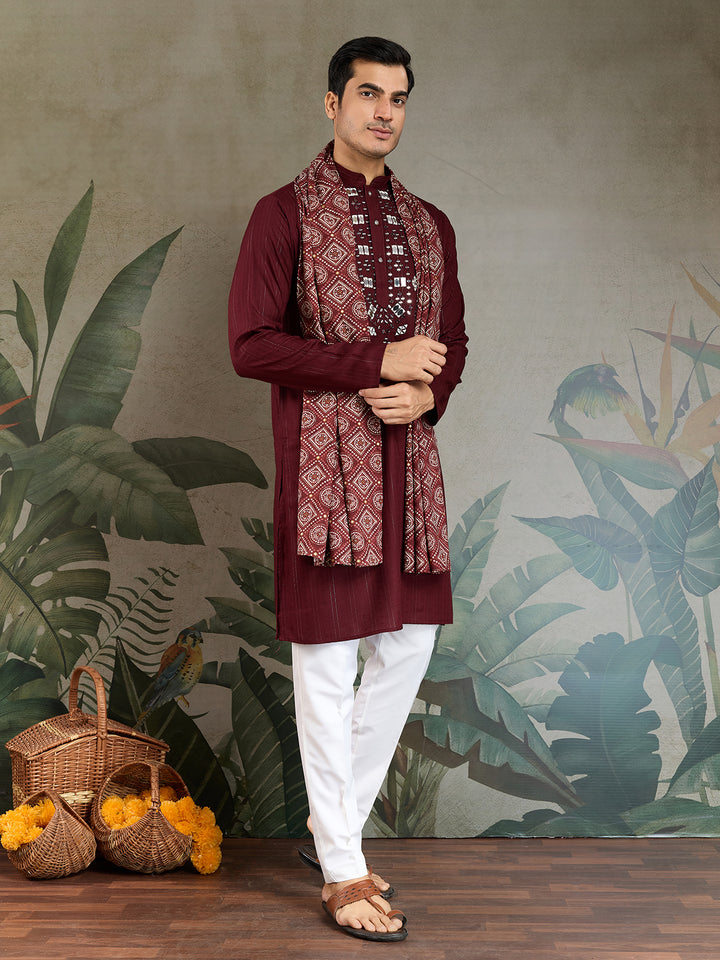Men’s Maroon Viscose Kurta with Mirror Work & Zari Weaving – Elegant Ethnic Wear for Weddings & Festive Occasions