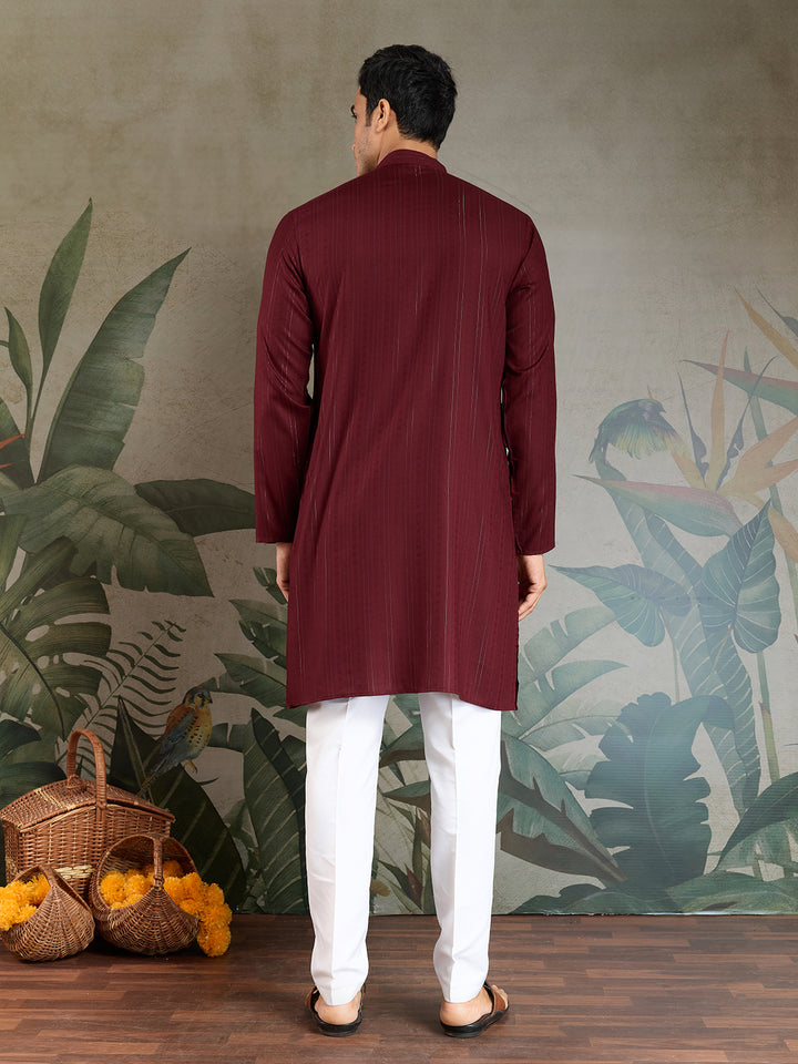 Men’s Maroon Viscose Kurta with Mirror Work & Zari Weaving – Elegant Ethnic Wear for Weddings & Festive Occasions