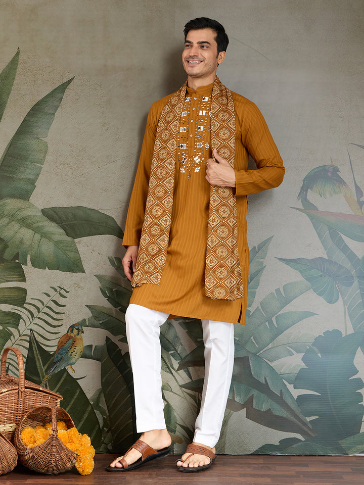 Mustard Viscose Men’s Kurta with Mirror Work & Zari Weaving – Festive & Wedding Wear