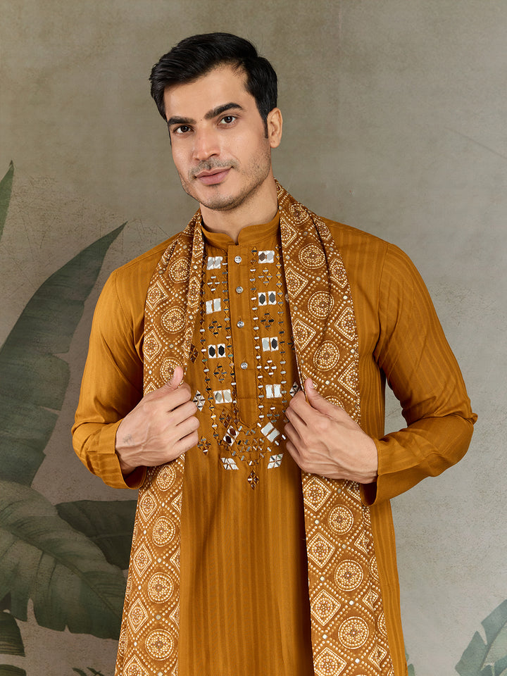 Mustard Viscose Men’s Kurta with Mirror Work & Zari Weaving – Festive & Wedding Wear