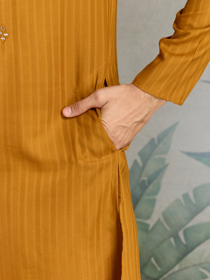 Mustard Viscose Men’s Kurta with Mirror Work & Zari Weaving – Festive & Wedding Wear