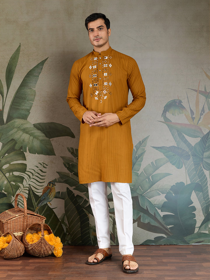 Mustard Viscose Men’s Kurta with Mirror Work & Zari Weaving – Festive & Wedding Wear