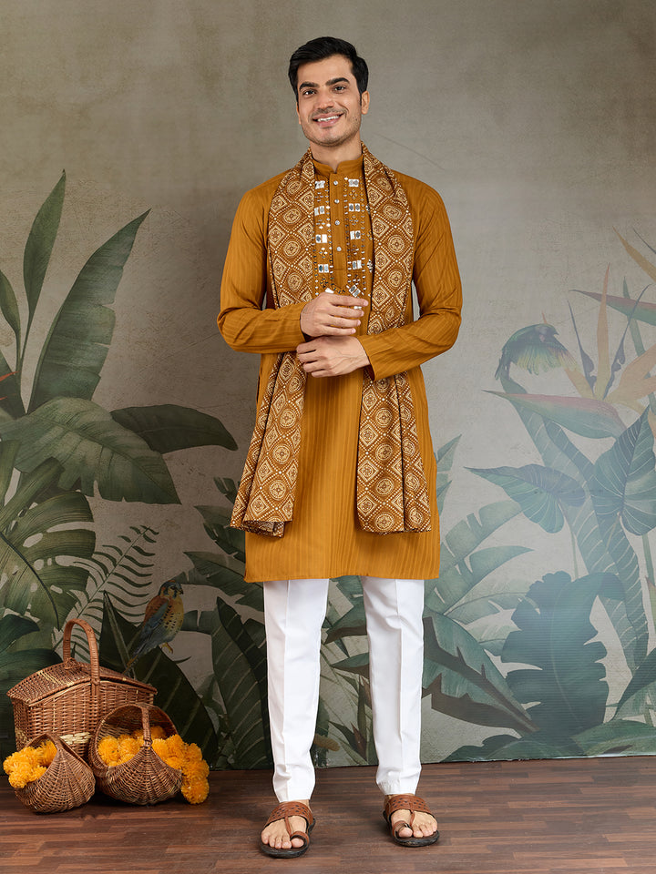 Mustard Viscose Men’s Kurta with Mirror Work & Zari Weaving – Festive & Wedding Wear