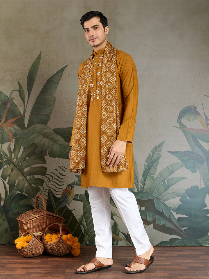 Mustard Viscose Men’s Kurta with Mirror Work & Zari Weaving – Festive & Wedding Wear