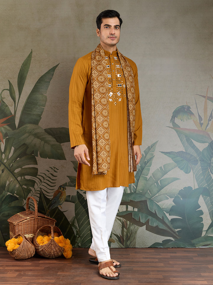 Mustard Viscose Men’s Kurta with Mirror Work & Zari Weaving – Festive & Wedding Wear