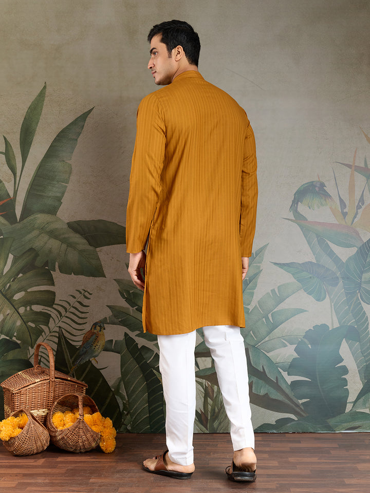 Mustard Viscose Men’s Kurta with Mirror Work & Zari Weaving – Festive & Wedding Wear
