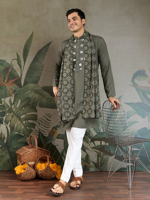 Olive Green Viscose Men’s Kurta with Mirror Work & Zari Weaving – Festive & Wedding Wear