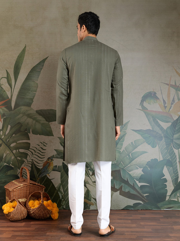 Olive Green Viscose Men’s Kurta with Mirror Work & Zari Weaving – Festive & Wedding Wear
