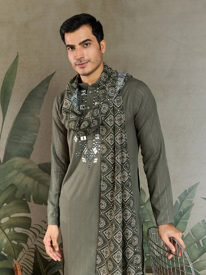 Olive Green Viscose Men’s Kurta with Mirror Work & Zari Weaving – Festive & Wedding Wear