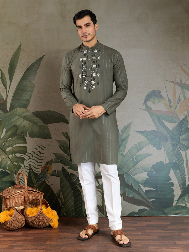 Olive Green Viscose Men’s Kurta with Mirror Work & Zari Weaving – Festive & Wedding Wear