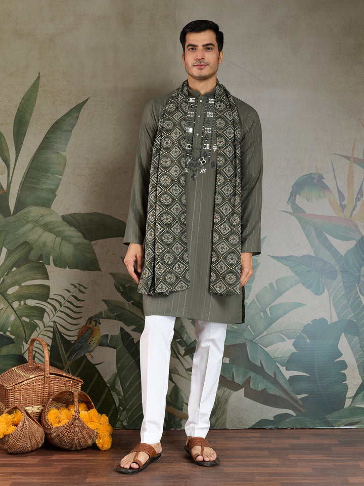 Olive Green Viscose Men’s Kurta with Mirror Work & Zari Weaving – Festive & Wedding Wear